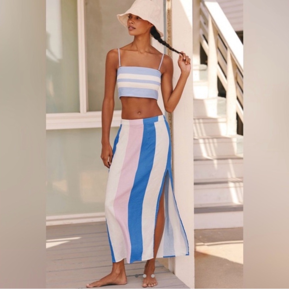 Anthropologie Celandine Striped Linen Midi Skirt Blue Pink Side Slit NWT Size L